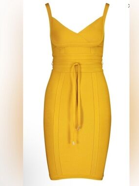 HOUSE OF CB Mustard Yellow Bodycon Midi Dress with Waist Tie